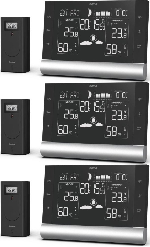 3x Stacja pogodowa Hama Black Line Plus, z czujnikiem zewnętrznym, czarny