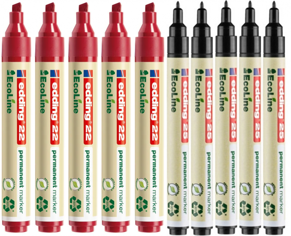 Zestaw: 5x Marker permanentny edding ecoline 25, 1mm, czarny + 5x Marker permanentny edding 22 EcoLine, ścięta, 1-5mm, czerwony