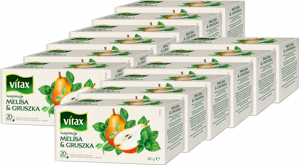 12x Herbata owocowa w torebkach Vitax Inspirations, melisa i gruszka, 20 sztuk x 2g