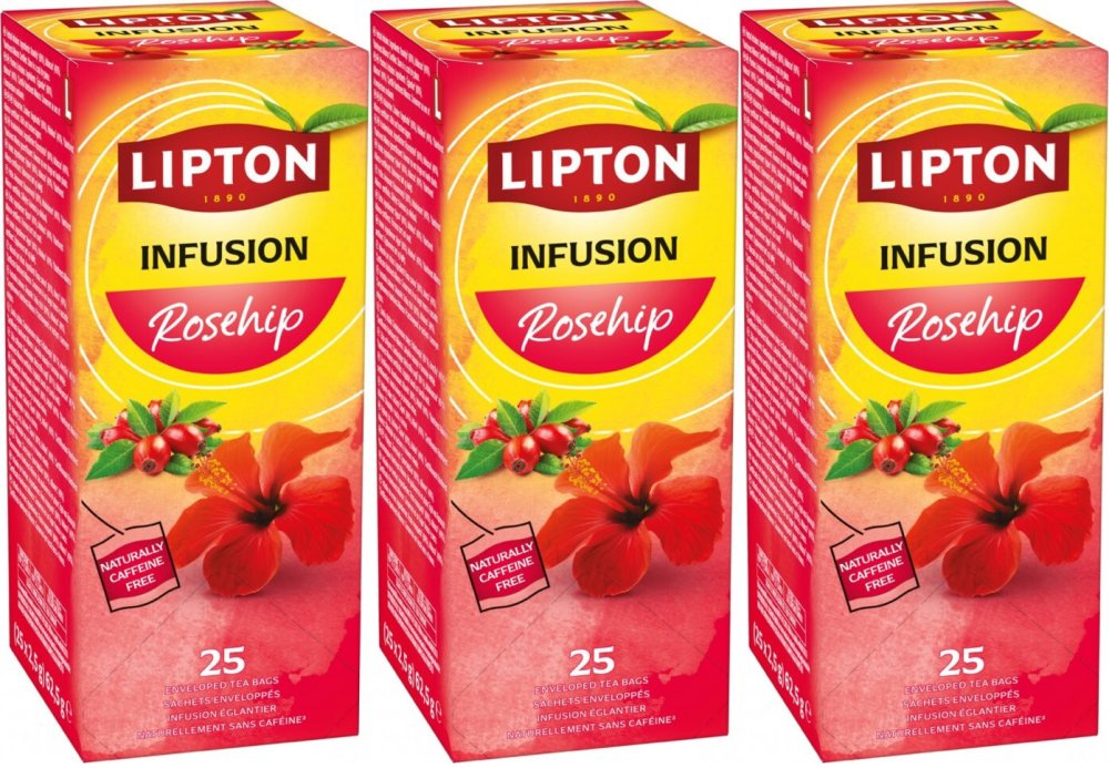 3x Herbata owocowa w kopertach Lipton Classic, dzika róża i hibiskus, 25 sztuk x 2.5g