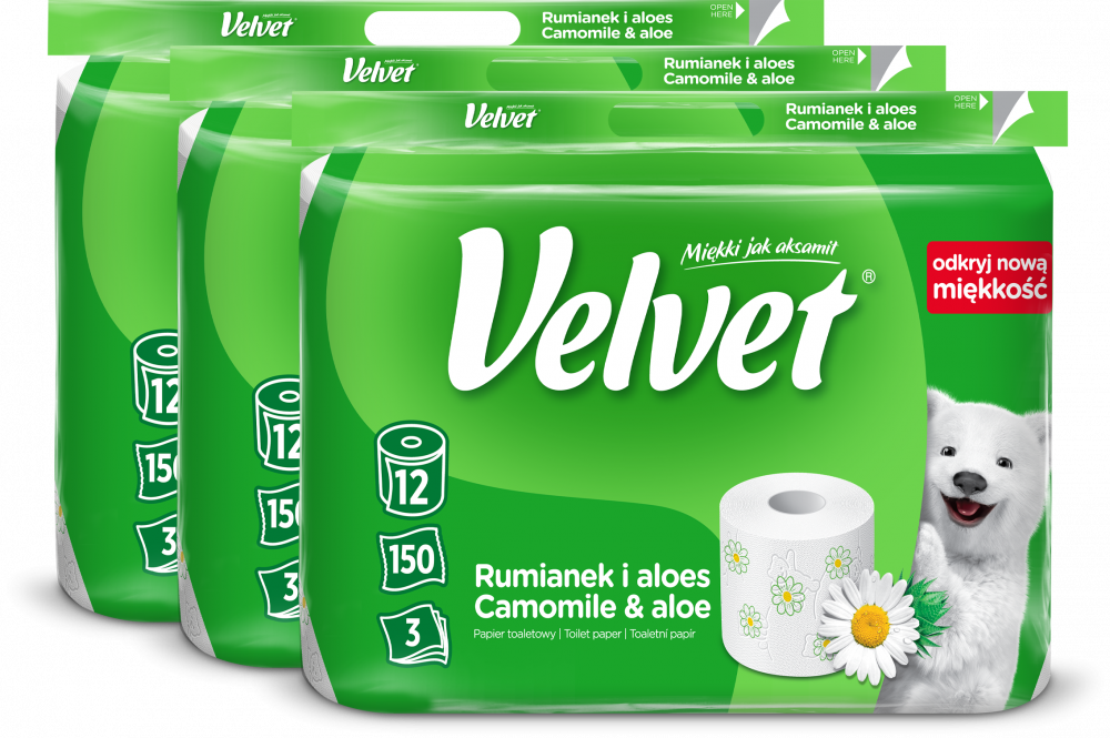 3x Papier toaletowy Velvet Rumianek i Aloes, 3-warstwowy, 12 rolek, biały