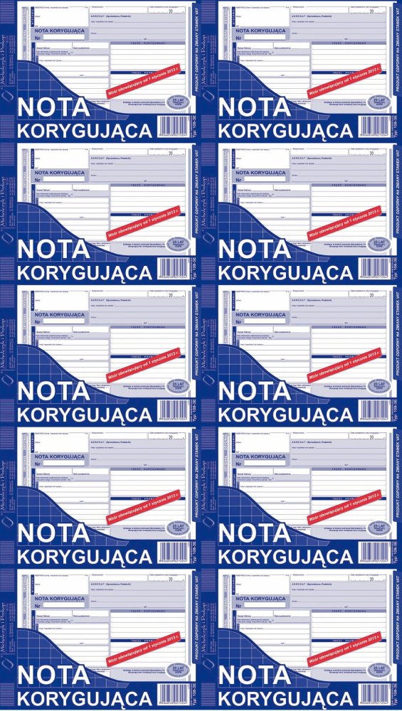 10x Druk akcydensowy Nota korygująca MiP 108-3E, A5, 1 kopia, 80k
