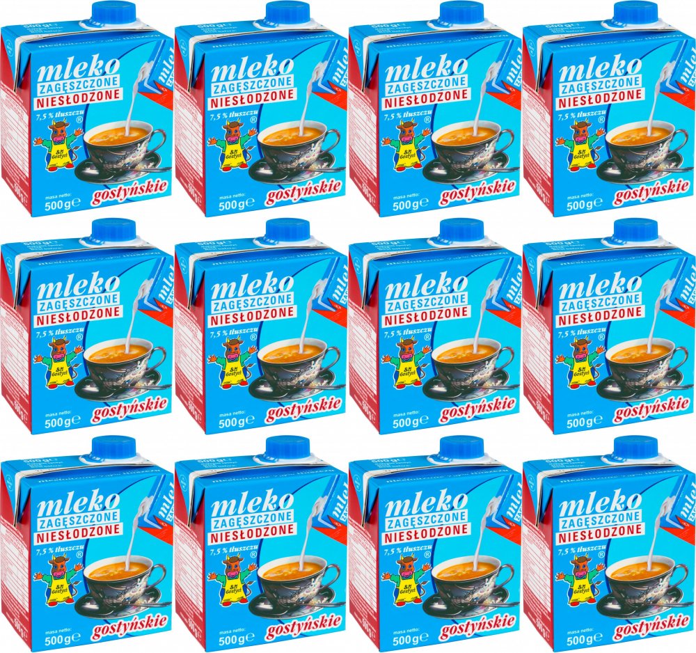 12x Mleko zagęszczone niesłodzone Gostyń, 7.5%, 500g