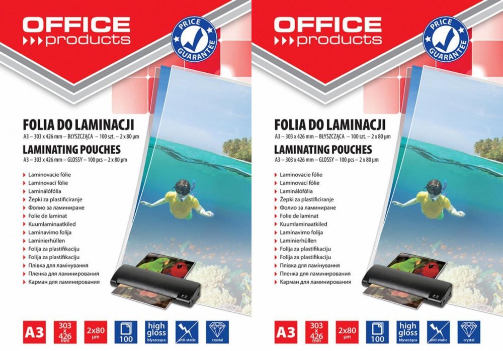 2x Folia do laminowania Office Products, 303x426mm, A3, 2x80 μm, antystatyczna, 100 sztuk
