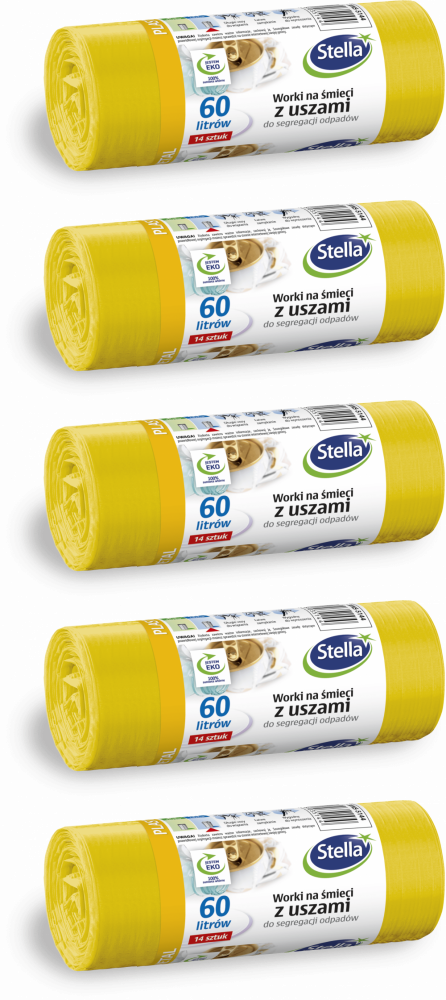 5x Worki na śmieci Stella, na metal/plastik, ekologiczne, 60l, 14 sztuk, żółty