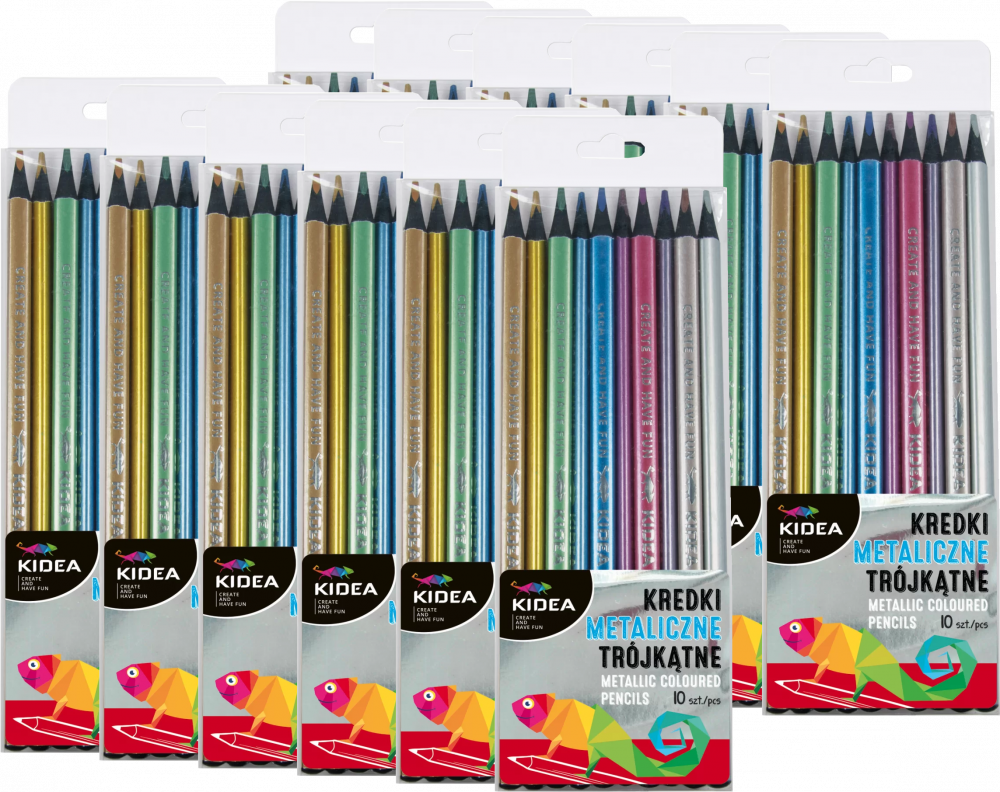 12x Kredki ołówkowe Kidea, trójkątne, 10 sztuk, mix kolorów metalicznych