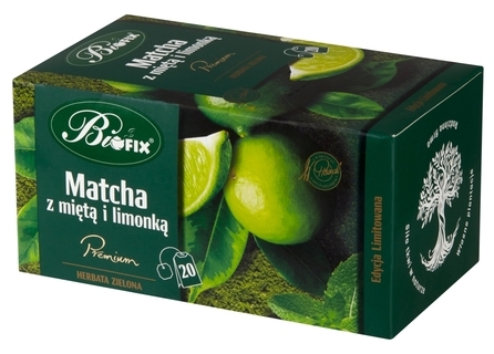 Herbata zielona w kopertach BiFix matcha z miętą i limonką, 20 sztuk x 2g