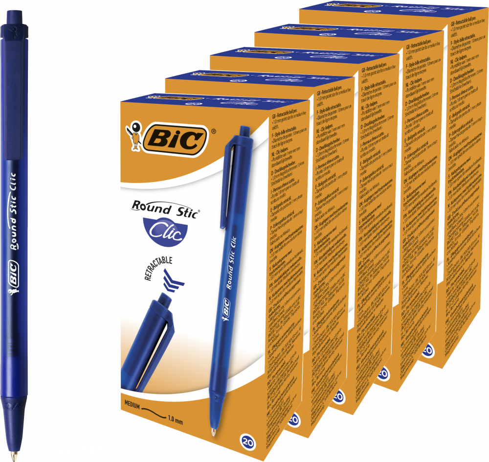 100x Długopis automatyczny BIC, Round Stic Clic, 1mm, niebieski