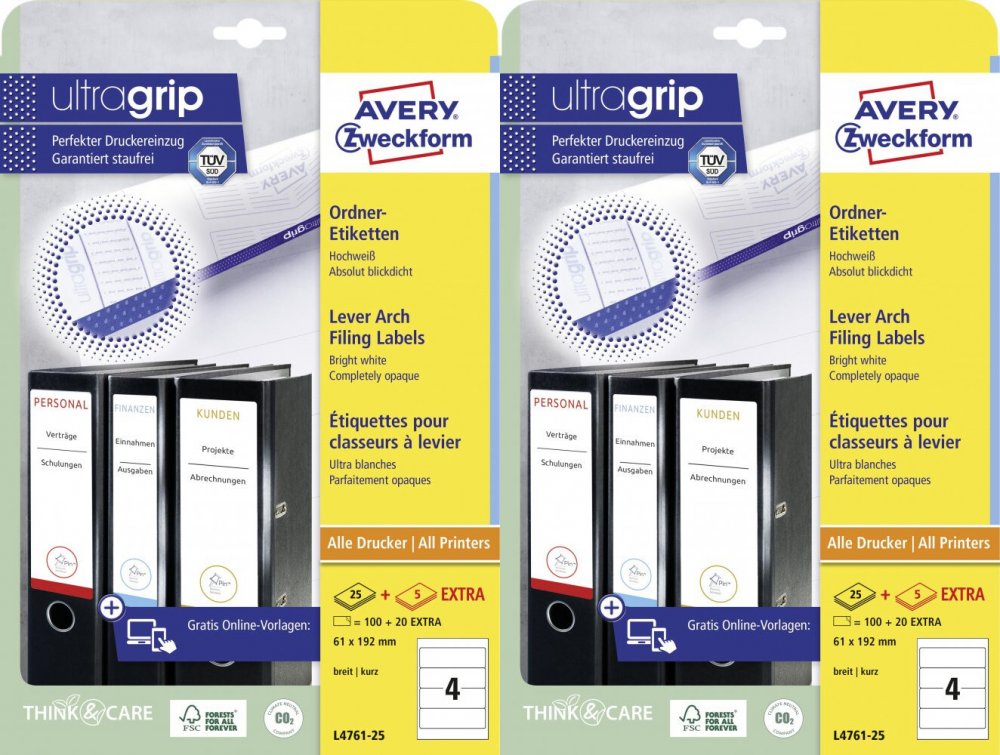 2x Etykiety do segregatorów Avery Zweckform, samoprzylepne, szerokie, 61x192mm, 25 arkuszy + 5 gratis,, biały