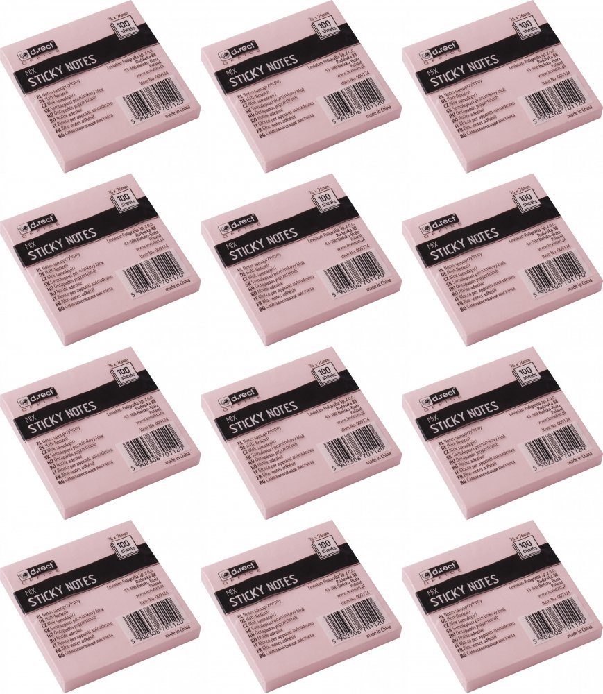 12x Karteczki samoprzylepne D.Rect, 76x76mm, 100 karteczek, mix kolorów pastelowych