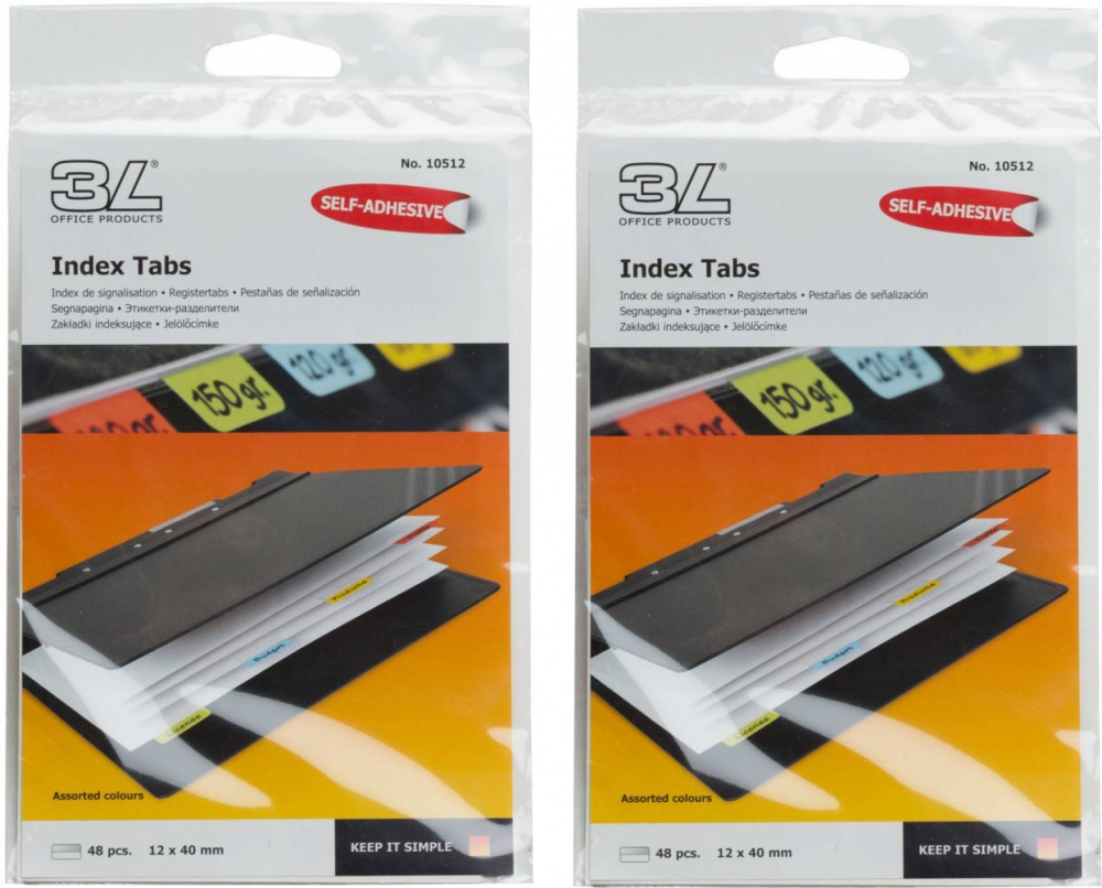 2x Zakładki samoprzylepne 3L, indeksujące, jednostronne, papier, 12x40 mm, 48 sztuk, mix kolorów