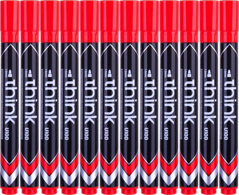 12x Marker permanentny Deli Think U100, okrągła, 1.5mm, czerwony
