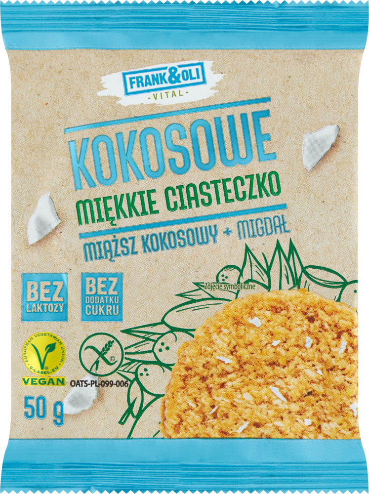 Miękkie ciasteczko Frank&Oli, kokos + migdał, bez cukru, 50g