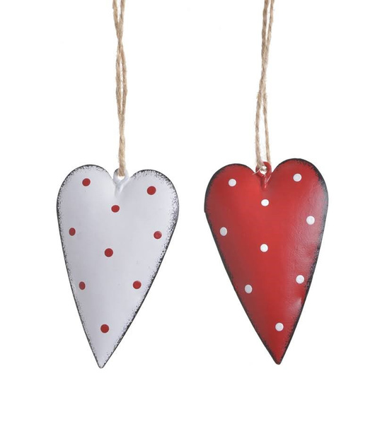 Metalowe serce białe/czerwone w kropki- zawieszka dekoracyjna 2 szt 7 cm