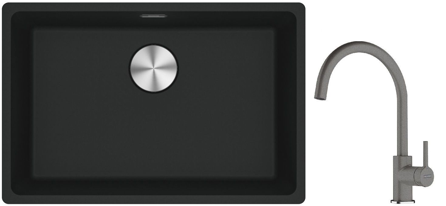 Franke Maris MRG 110-62 zlewozmywak 62x40 cm Fragranite czarny mat z baterią kuchenną Lina kamienny szary (1250687256, 1150626022)