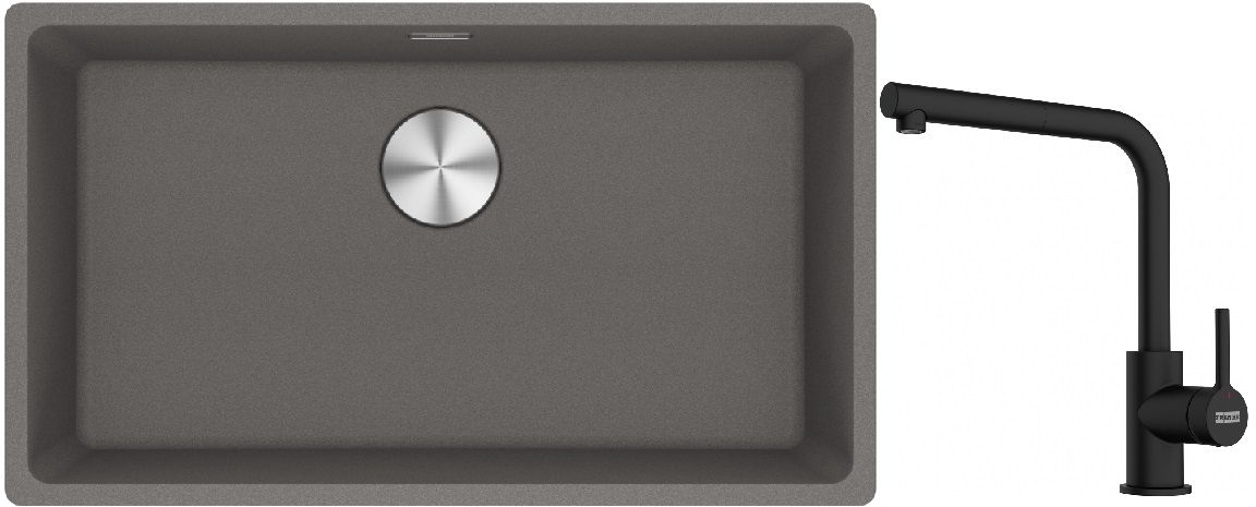 Franke Maris MRG 110-72 zlewozmywak 72x40 cm Fragranite kamienny szary z baterią kuchenną Lina czarny mat (1250687262, 1150712435)