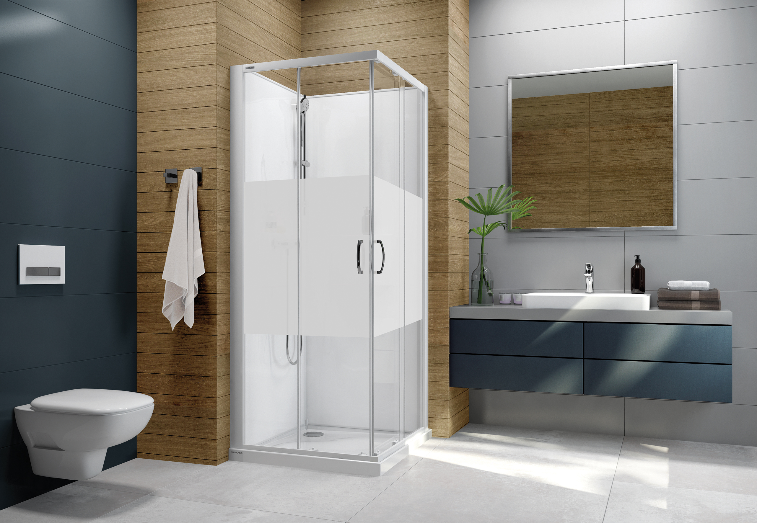 Sanplast Basic Complete Mineral kabina z brodzikiem i zestawem prysznicowym 80x120 cm prostokątna biały połysk/szkło ze wzorem ...