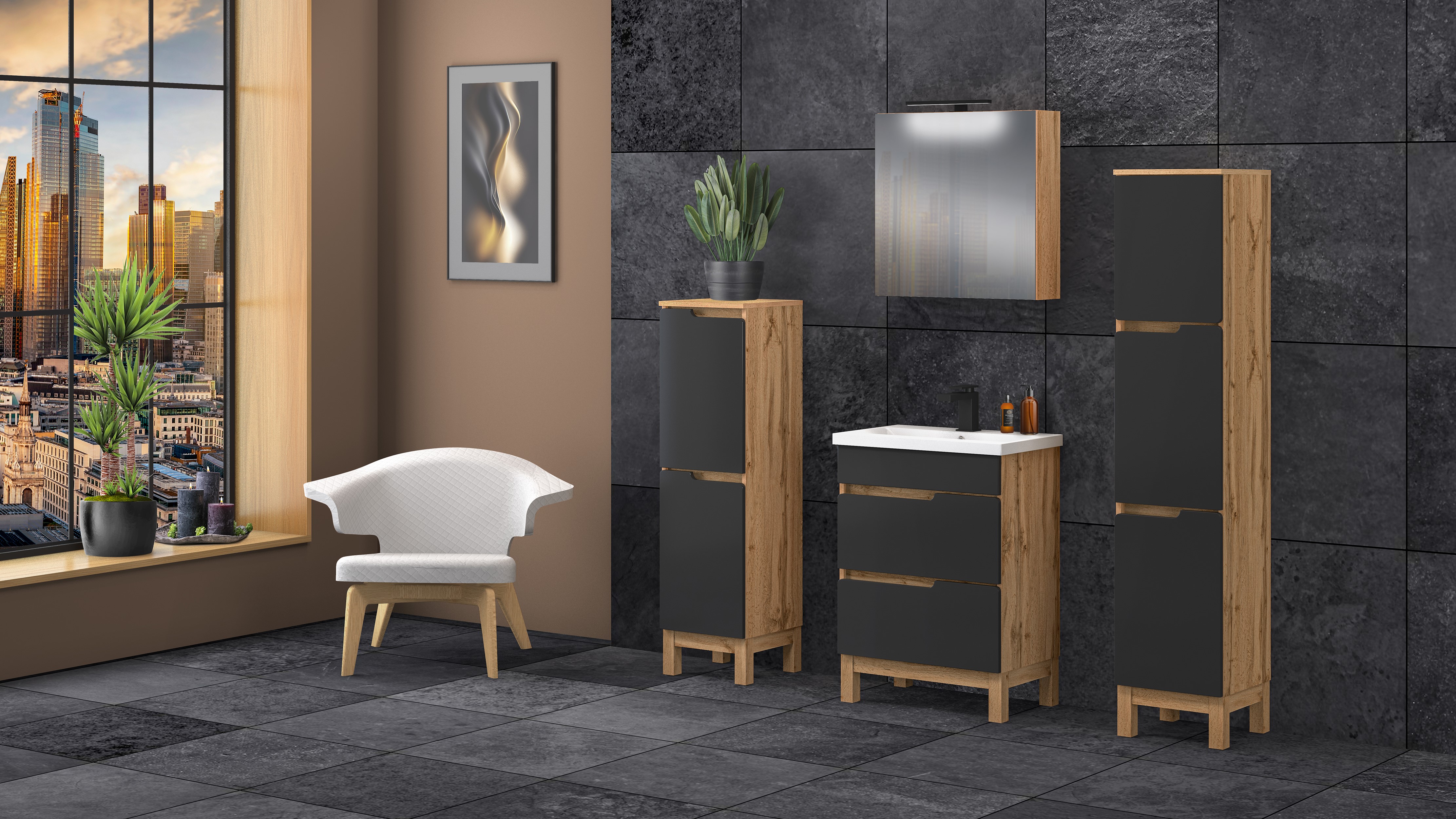 Astor Alma szafka 35x35x171 cm boczna stojąca czarna-dąb AM-SKS-120-BN