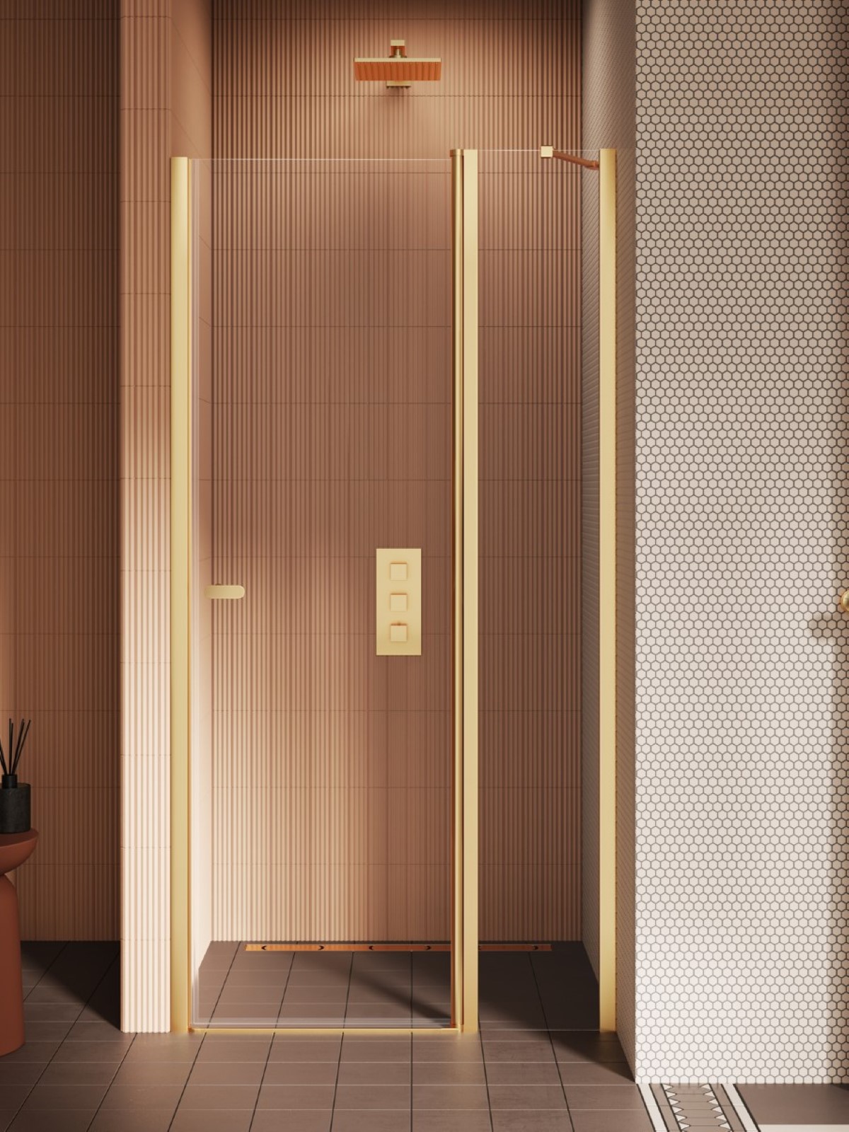 New Trendy New Soleo drzwi prysznicowe 110 cm wnękowe złoty szczotkowany/szkło przezroczyste D-0773A