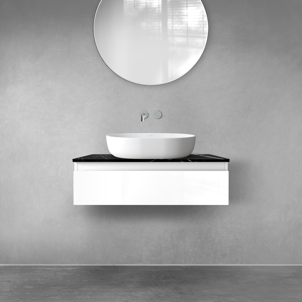 Zestaw Oltens Vernal szafka 80 cm podumywalkowa wisząca z blatem Tera biały połysk/czarny marmur 68715000 - Wysyłka w 24h