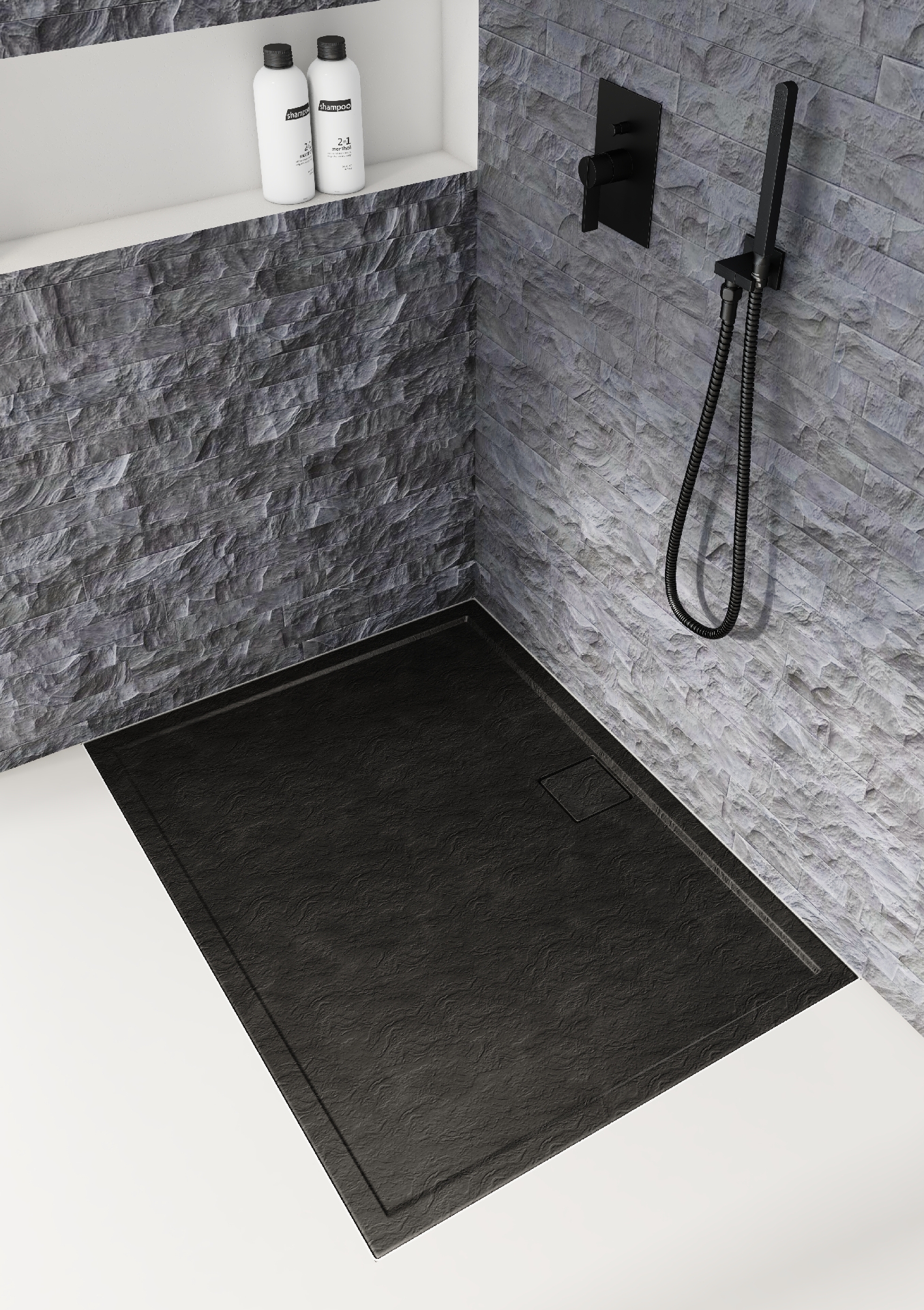 Schedpol Omega Black Stone brodzik 110x80 cm prostokątny Stonicryl struktura czarnego kamienia 3.0461/C/ST