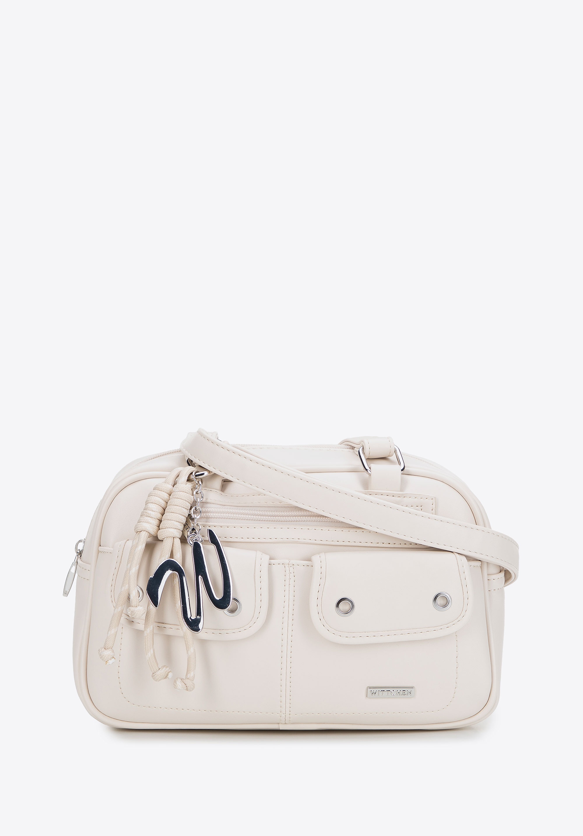 Torebka na ramię z imitacji skóry z kieszonkami kremowa