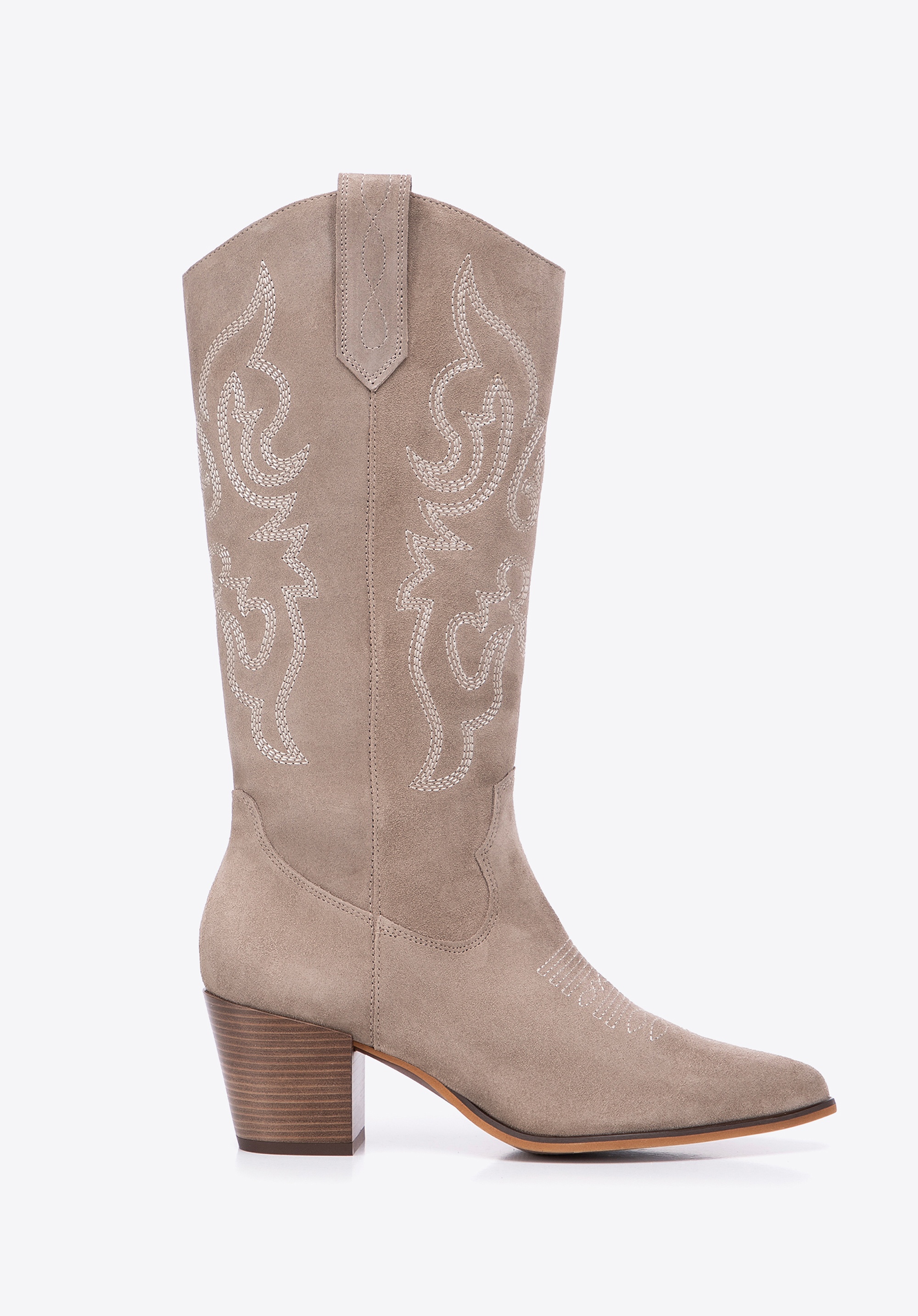 Damskie kowbojki z zamszu w haftowane wzory beżowe