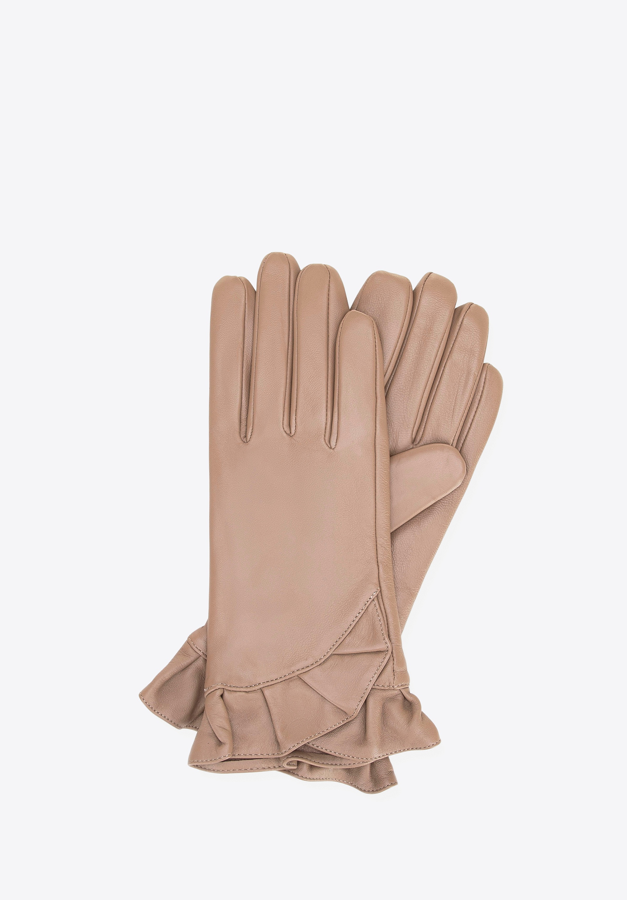 Dodatkowy rabat 25% - Damskie rękawiczki skórzane z dekoracyjną falbaną beżowe