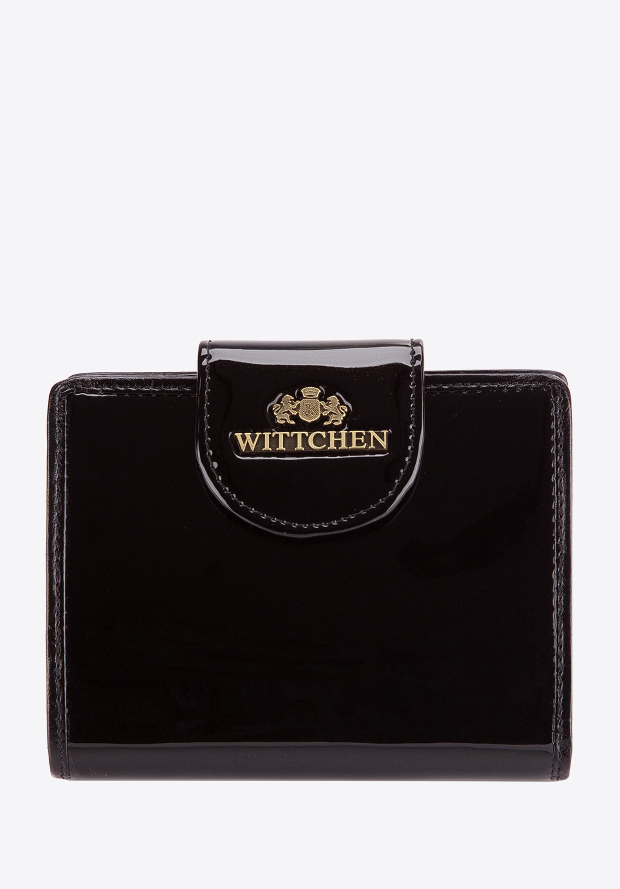 Damski portfel ze skóry lakierowany z ozdobną napą czarny