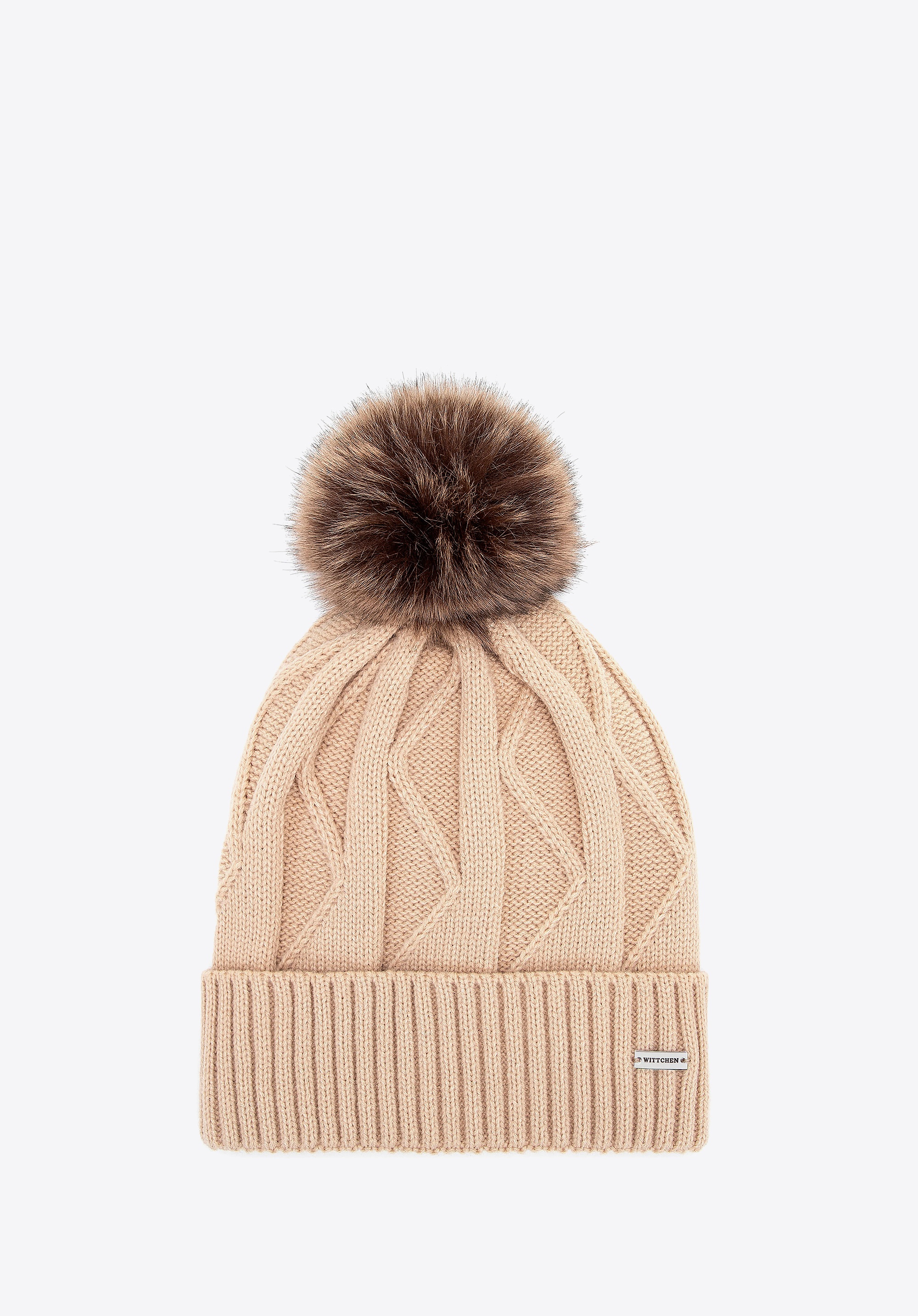 Czapka damska z kontrastującym pomponem beżowa