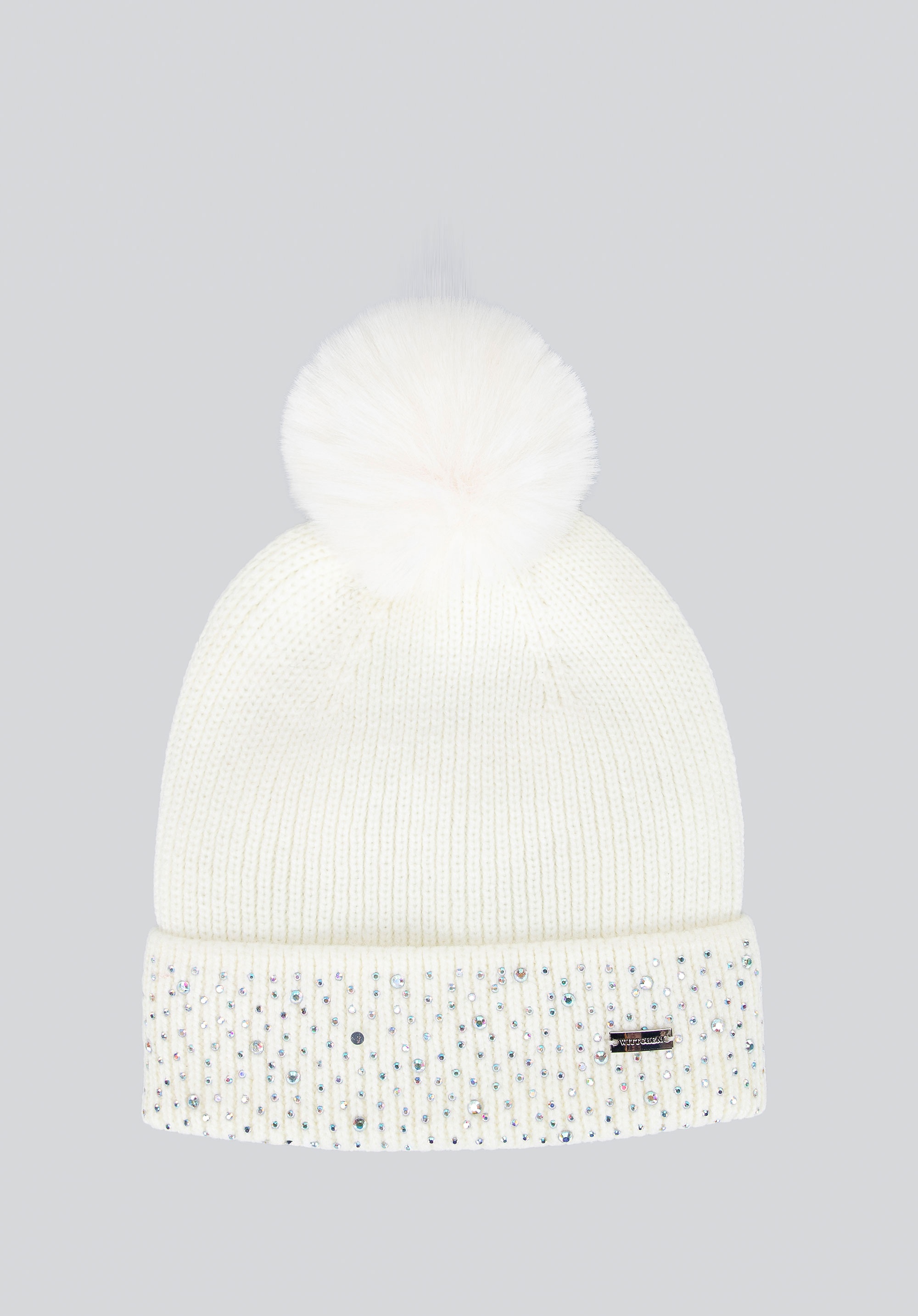 Czapka damska zimowa z cyrkoniami kremowa