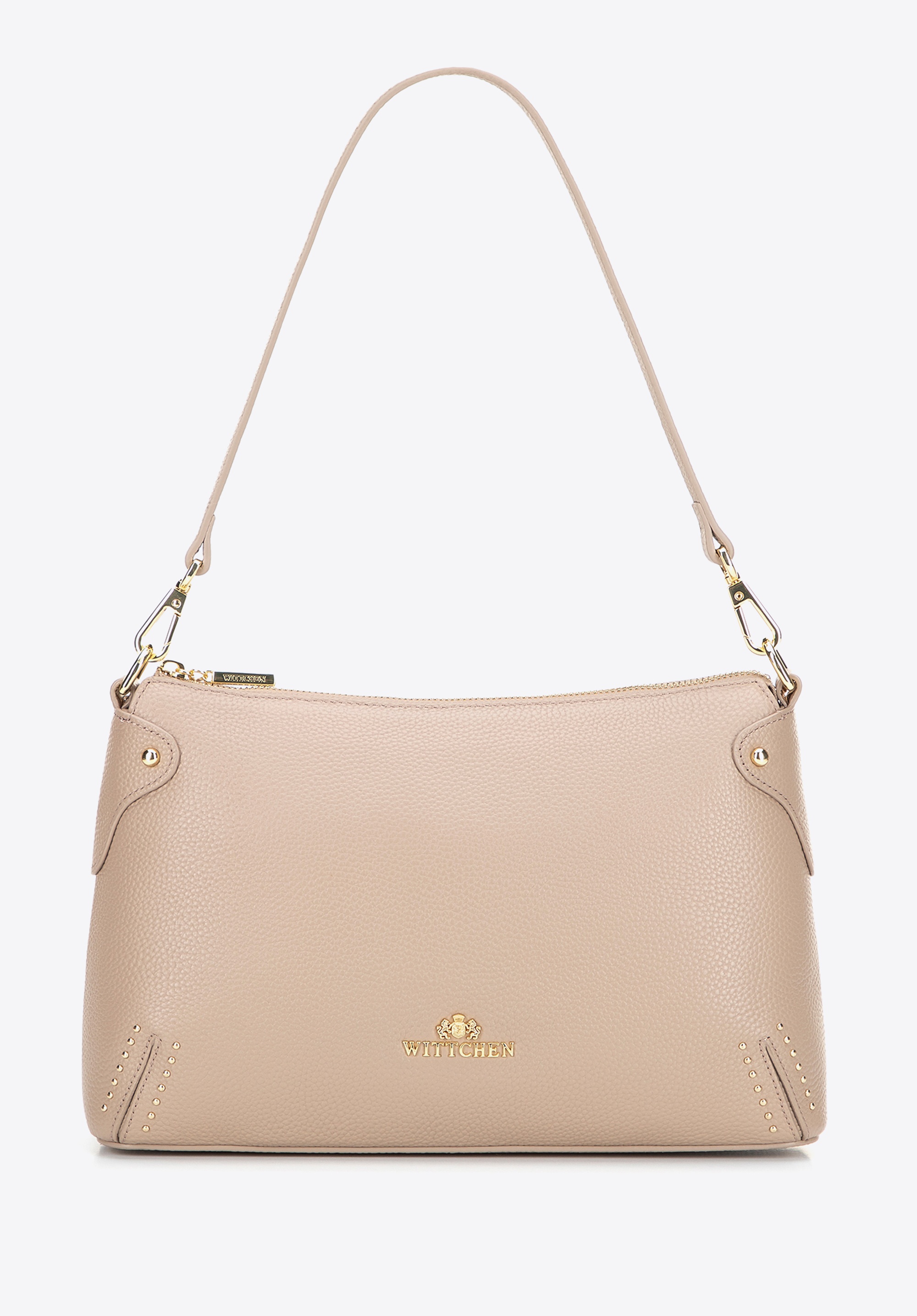 Dodatkowy rabat 25% - Damska listonoszka ze skóry naturalnej z drobnymi dżetami beżowa