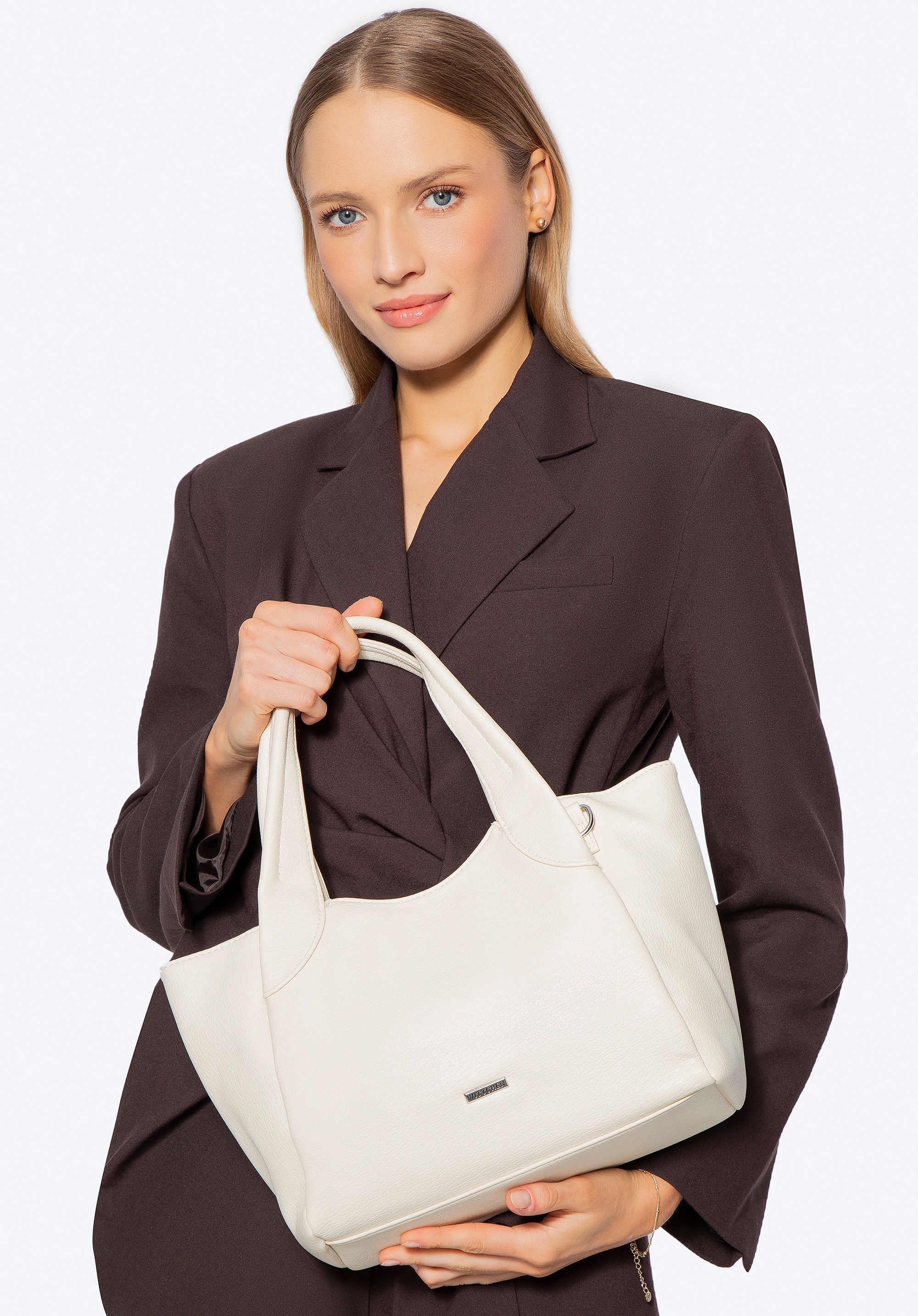 Dodatkowy rabat 25% - Damski kuferek z ekoskóry mały kremowy