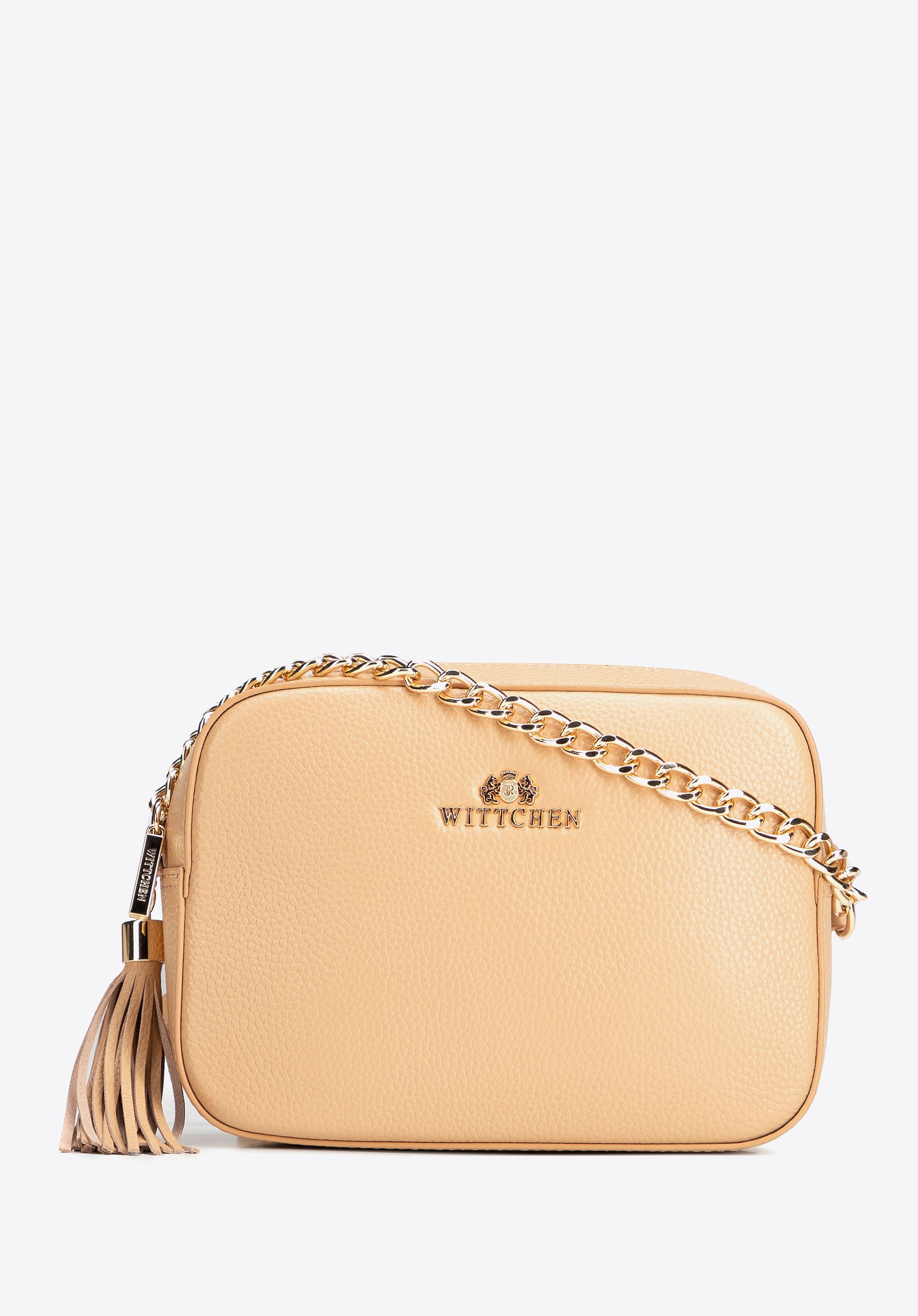 Dodatkowy rabat 25% - Damska listonoszka skórzana pudełkowa na łańcuszku beżowa