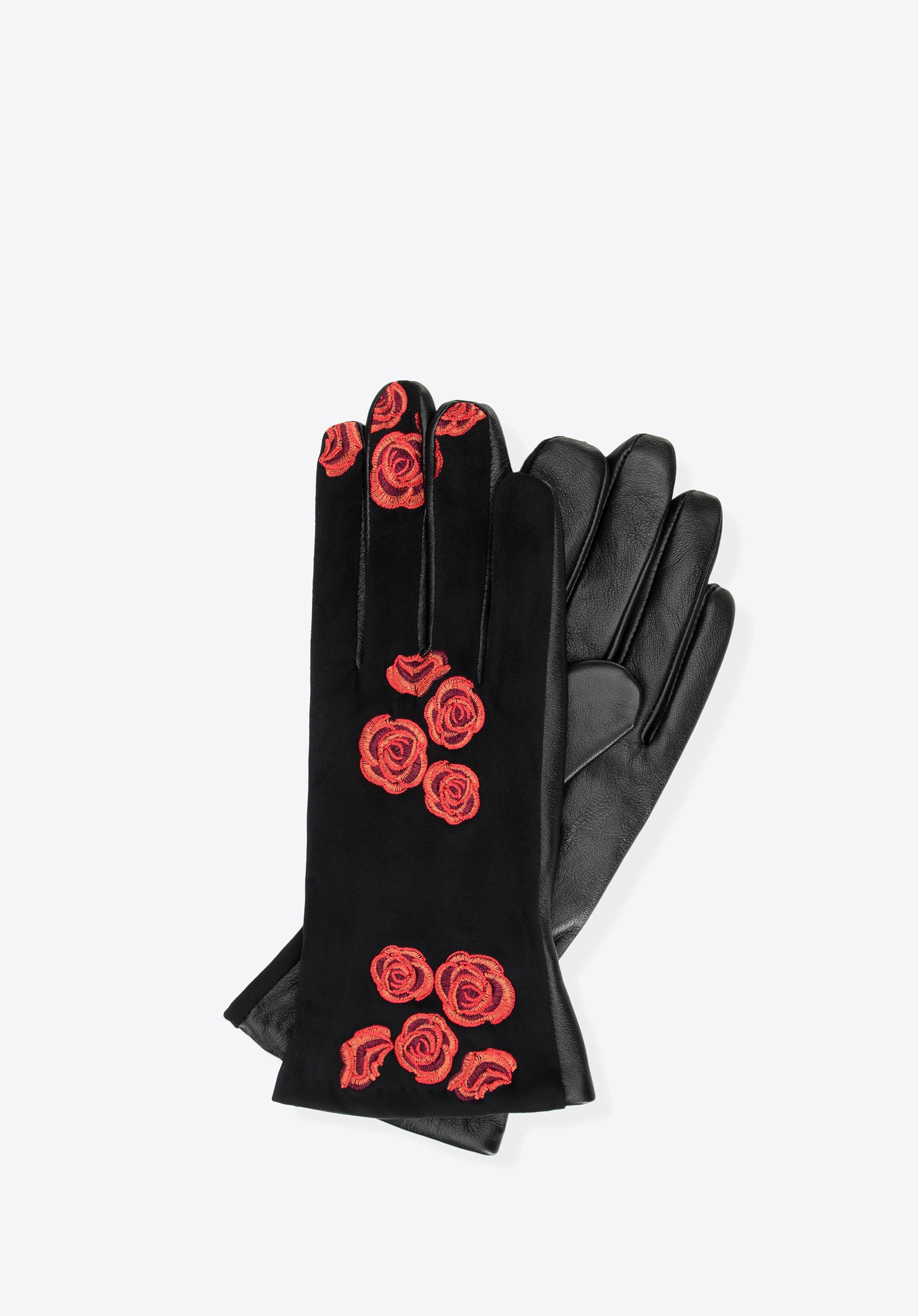 Dodatkowy rabat 25% - Damskie rękawiczki ocieplane z haftowanymi kwiatami czarno - czerwone