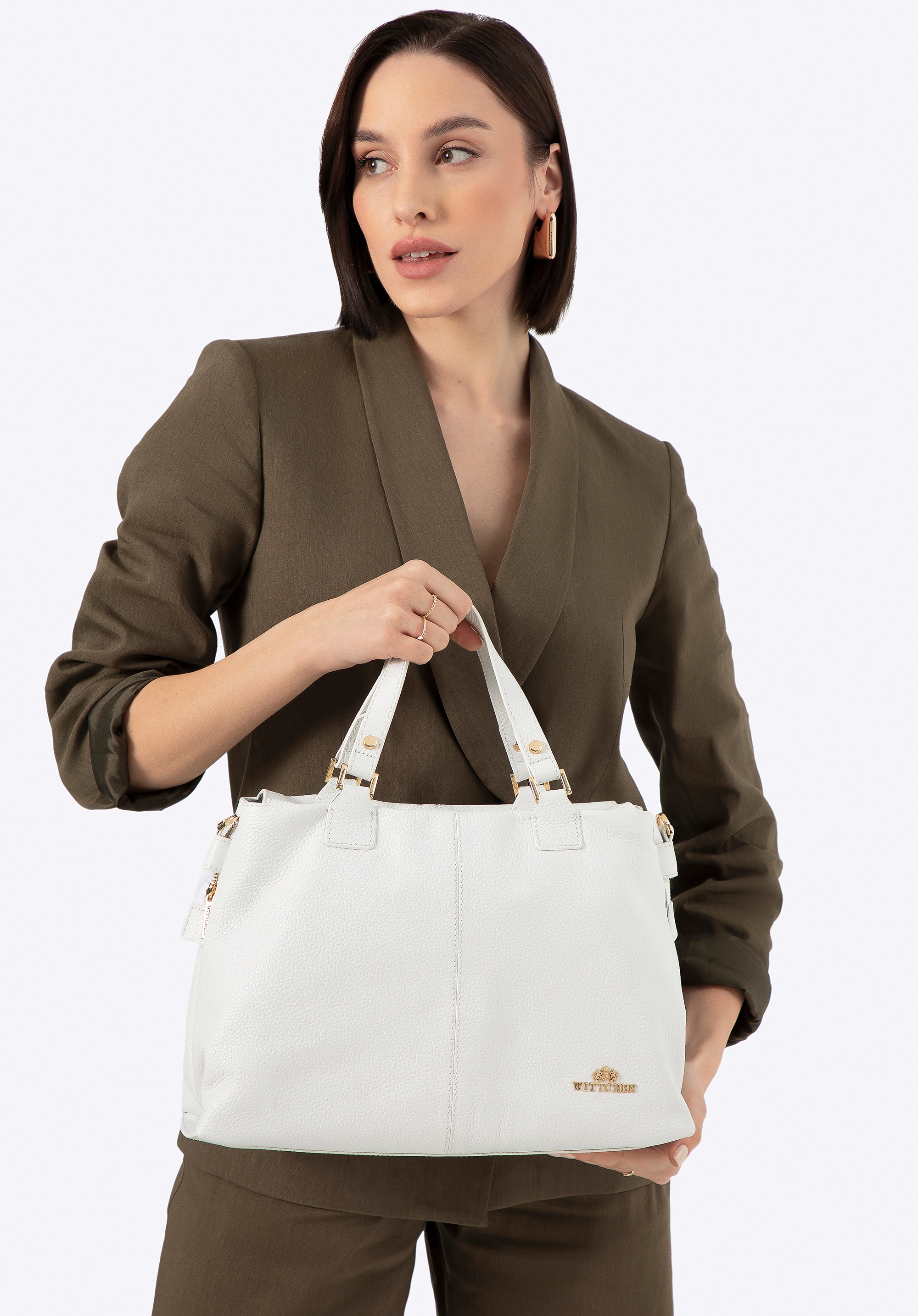 Dodatkowy rabat 25% - Damska shopperka ze skóry groszkowej dwukomorowa biała