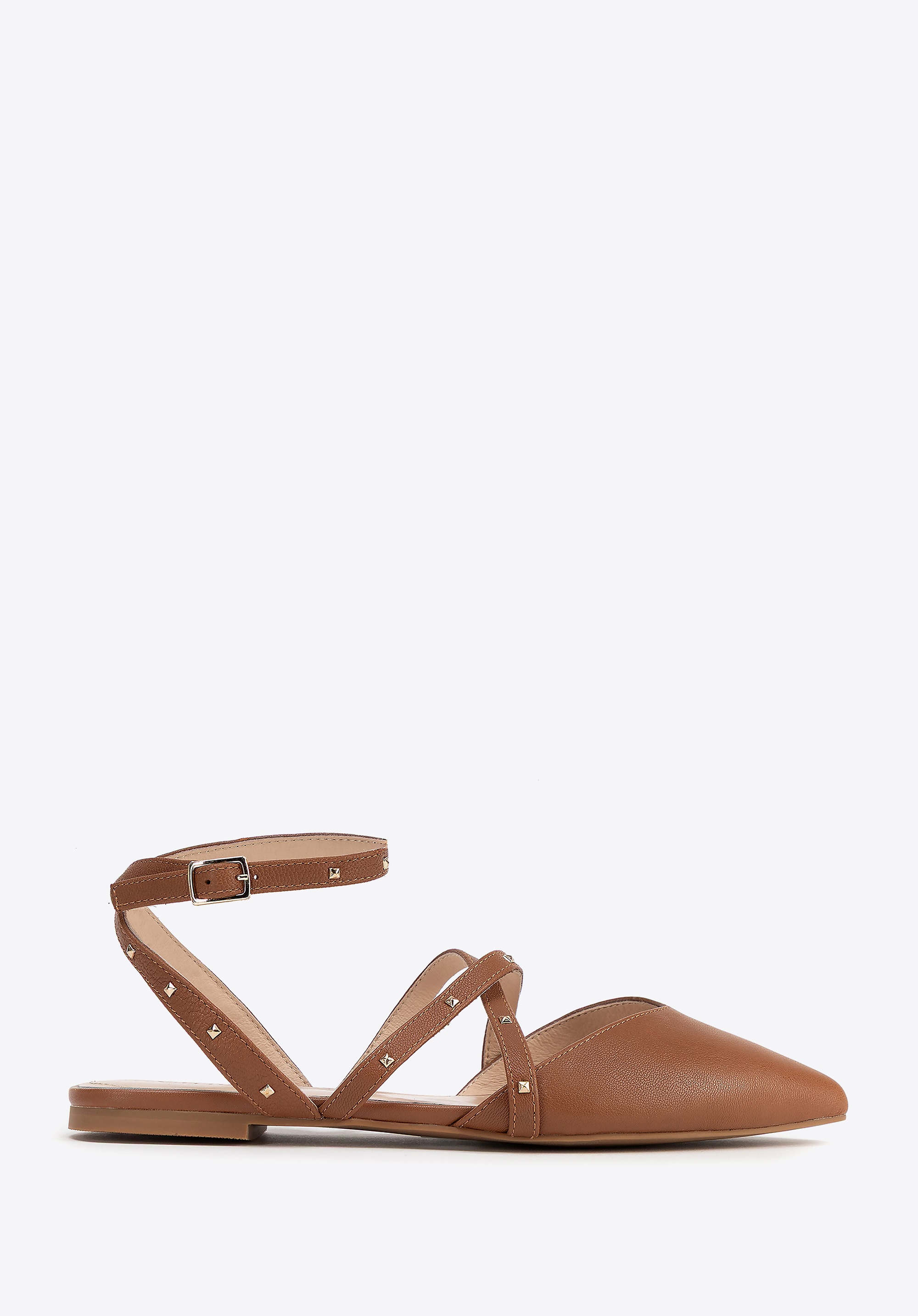 Dodatkowy rabat 25% - Damskie baleriny ze skóry z metalowymi akcentami brązowe