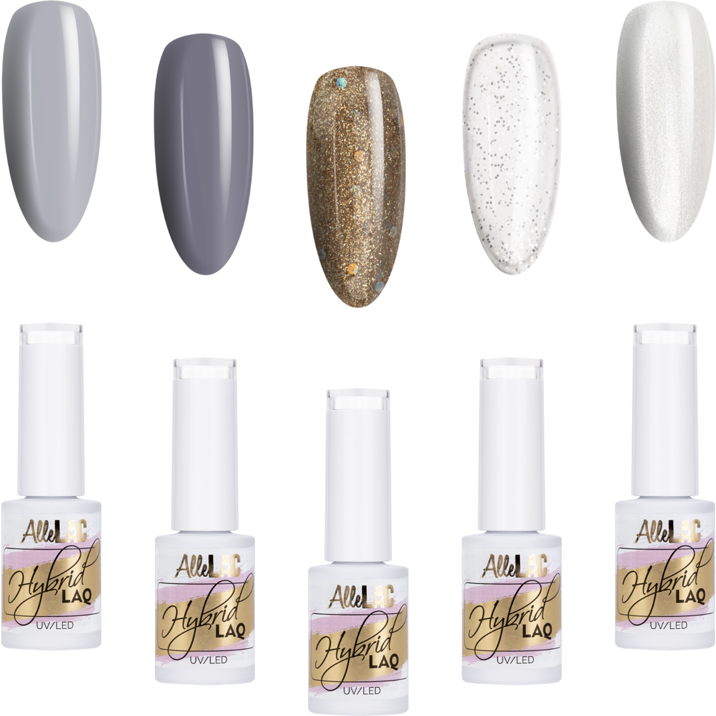 5x Lakier Hybrydowy ALLELAC 5g Srebrne Złote ZESTAW 5w1 Mix