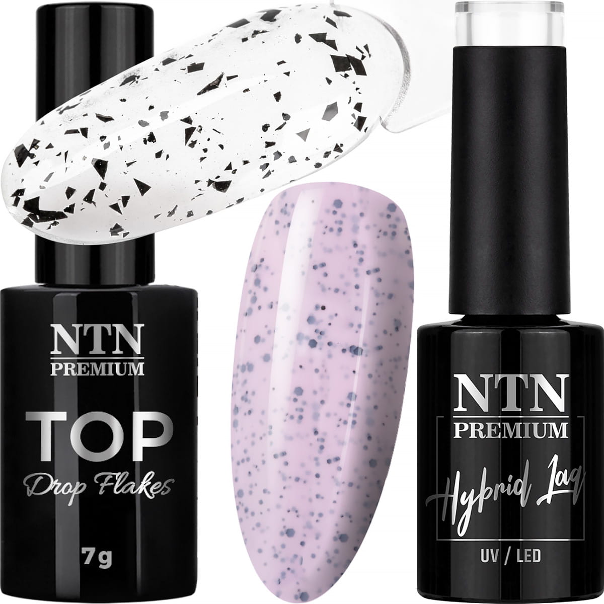 Lakier Hybrydowy NTN 5g Nr186 + Top Flakes NTN 7g Efekt Przepiórczego Jajka