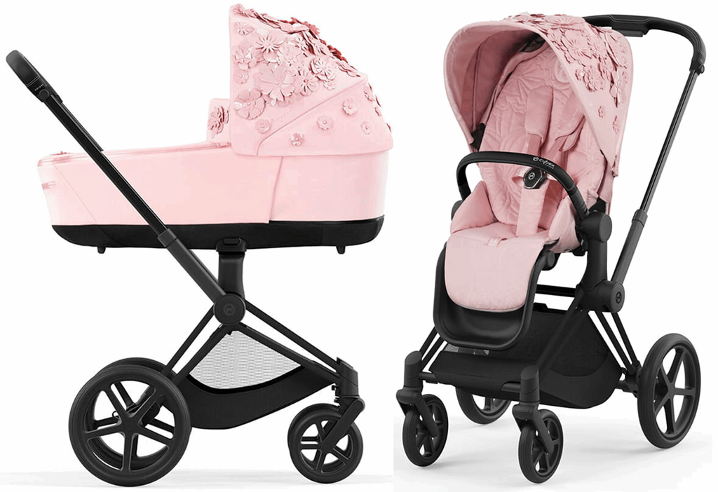 Cybex Priam 4.0 Fashion Collection - wózek głęboko-spacerowy -Simply Flowers Pale Blush-Chrome z brązową rączką