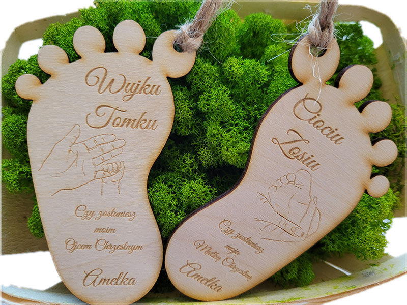 Pytanie wujku- ciociu czy zostaniesz matką chrzestną ojcem, prośba o chrzestnych, kartka grawer zawieszka stópki 2szt.