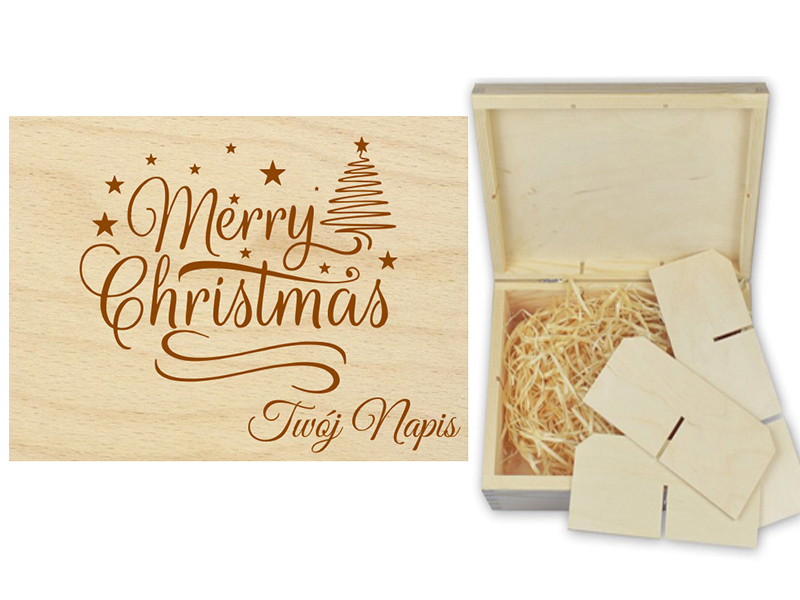 Drewniane pudełko, herbaciarka z grawerem i wełną drzewną, niezbędnik, pudełko na gumki, prezent na święta Bożego Narodzenia.