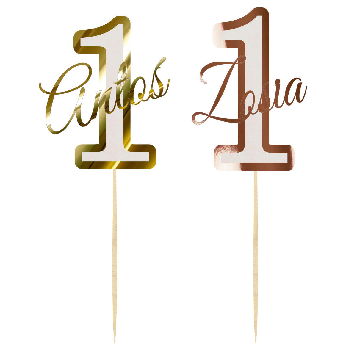 Topper urodzinowy cyferka liczba 1 roczek z imieniem dekoracja na tort pik lustrzane złoto lub różowe złoto