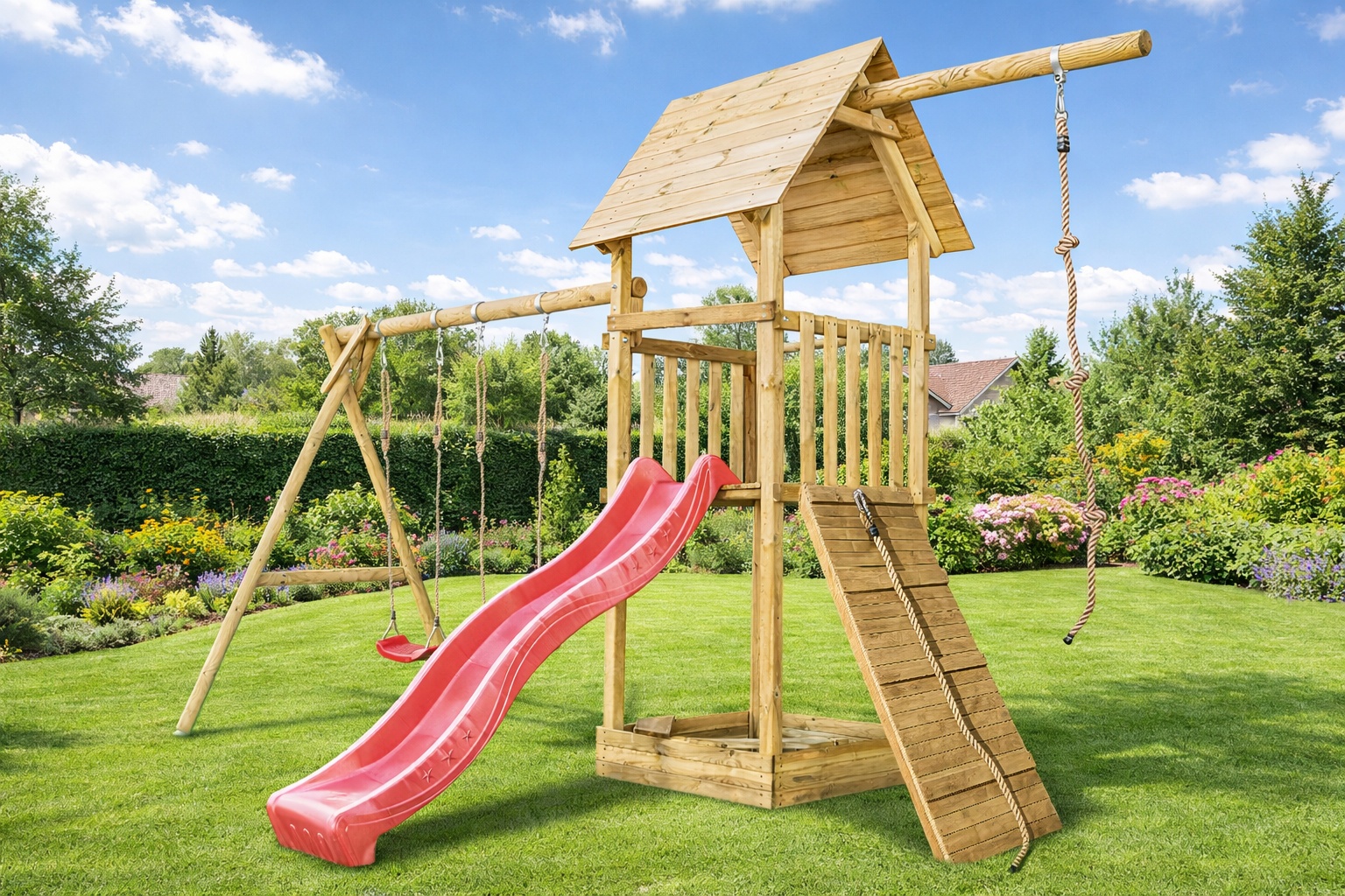 Plac zabaw do ogrodu dla dzieci Alex z podwójną huśtawką, liną do wspinania i rampą z liną