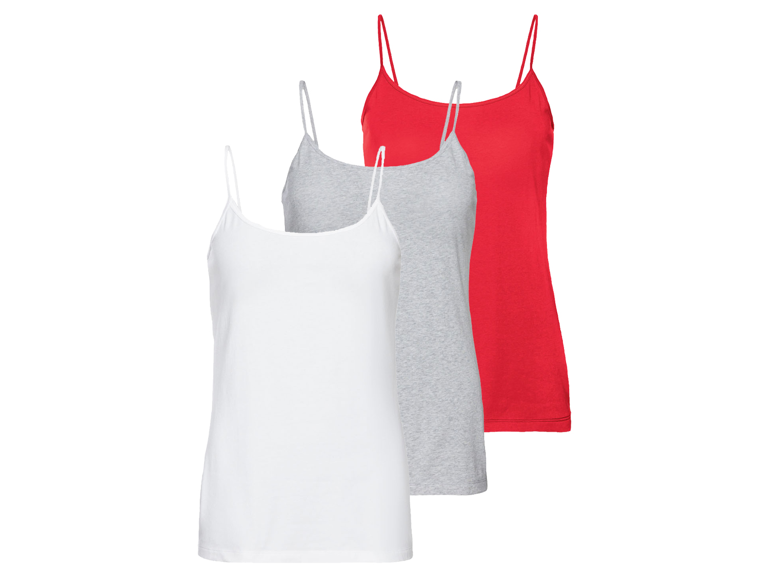 esmara Topy damskie z bawełną na cienkich ramiączkach, 3 sztuki Czerwony/szary/biały, L44/46
