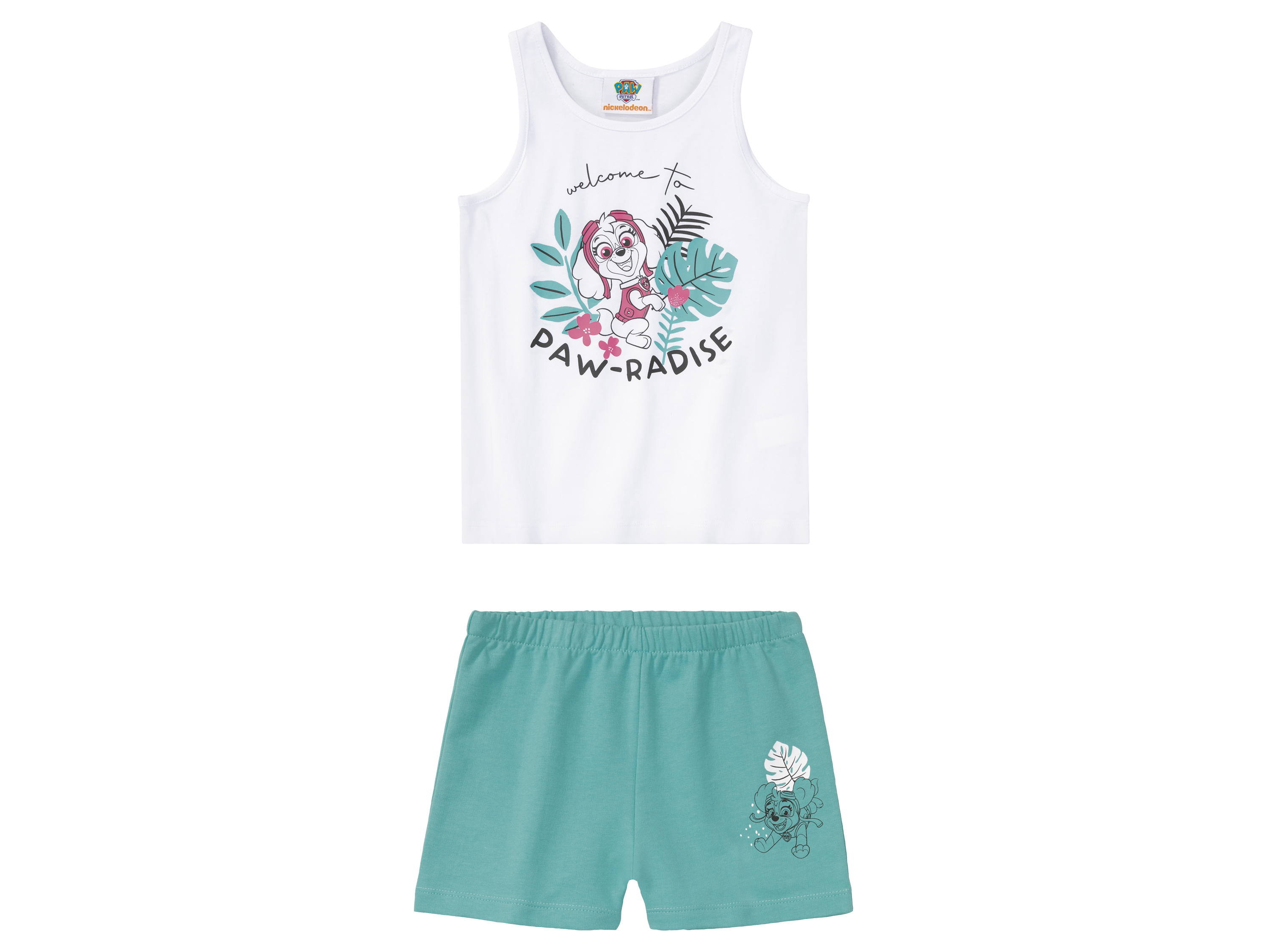 Komplet dziewczęcy z bawełną koszulka + spodenki 110/116, Biały/miętowy