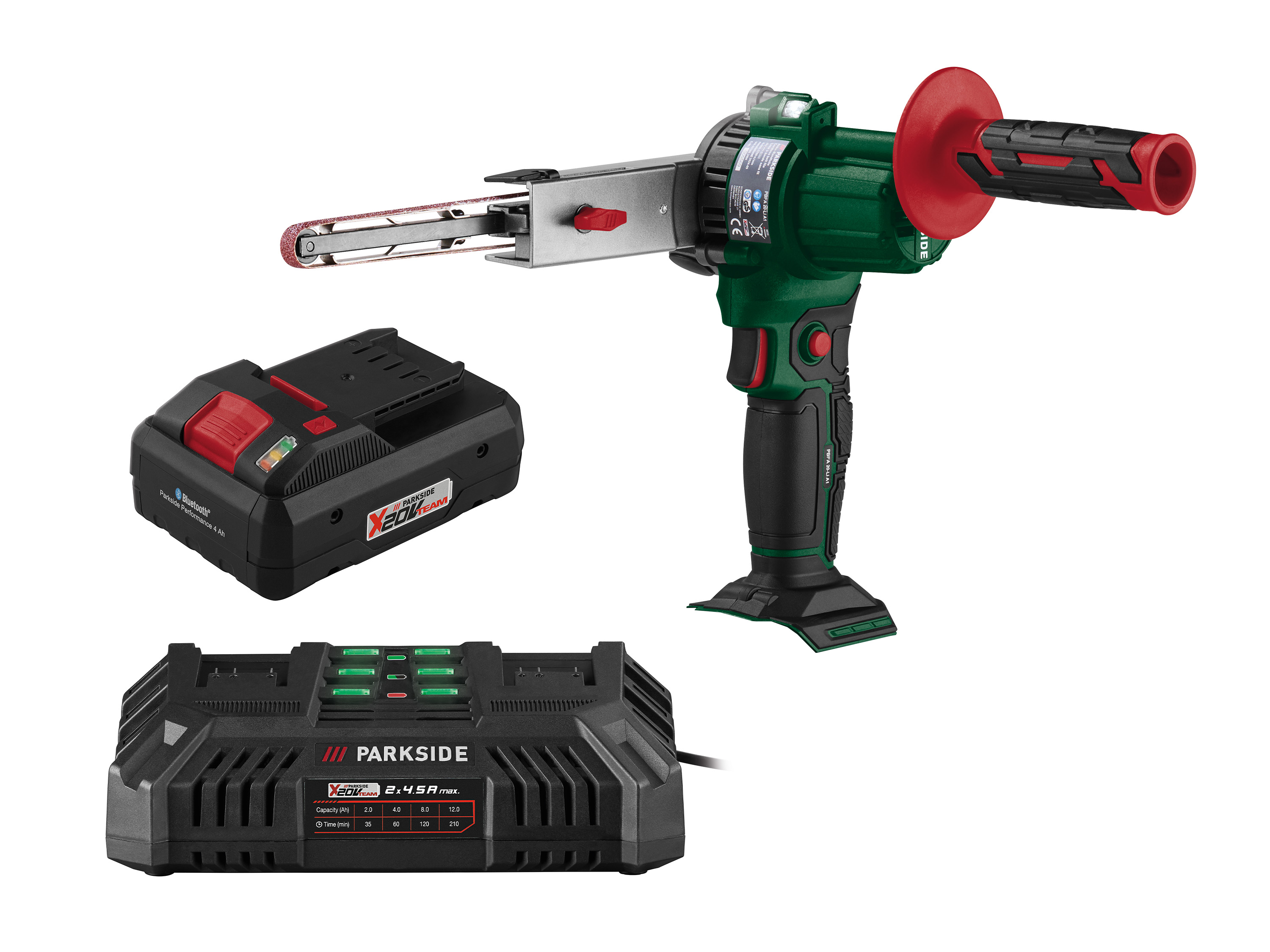 Parkside Performance Zestaw Akumulatorowy pilnik taśmowy, 20 V z akumulatorem Smart, 4 Ah i podwójną ładowarką, 2 x 4,5 A