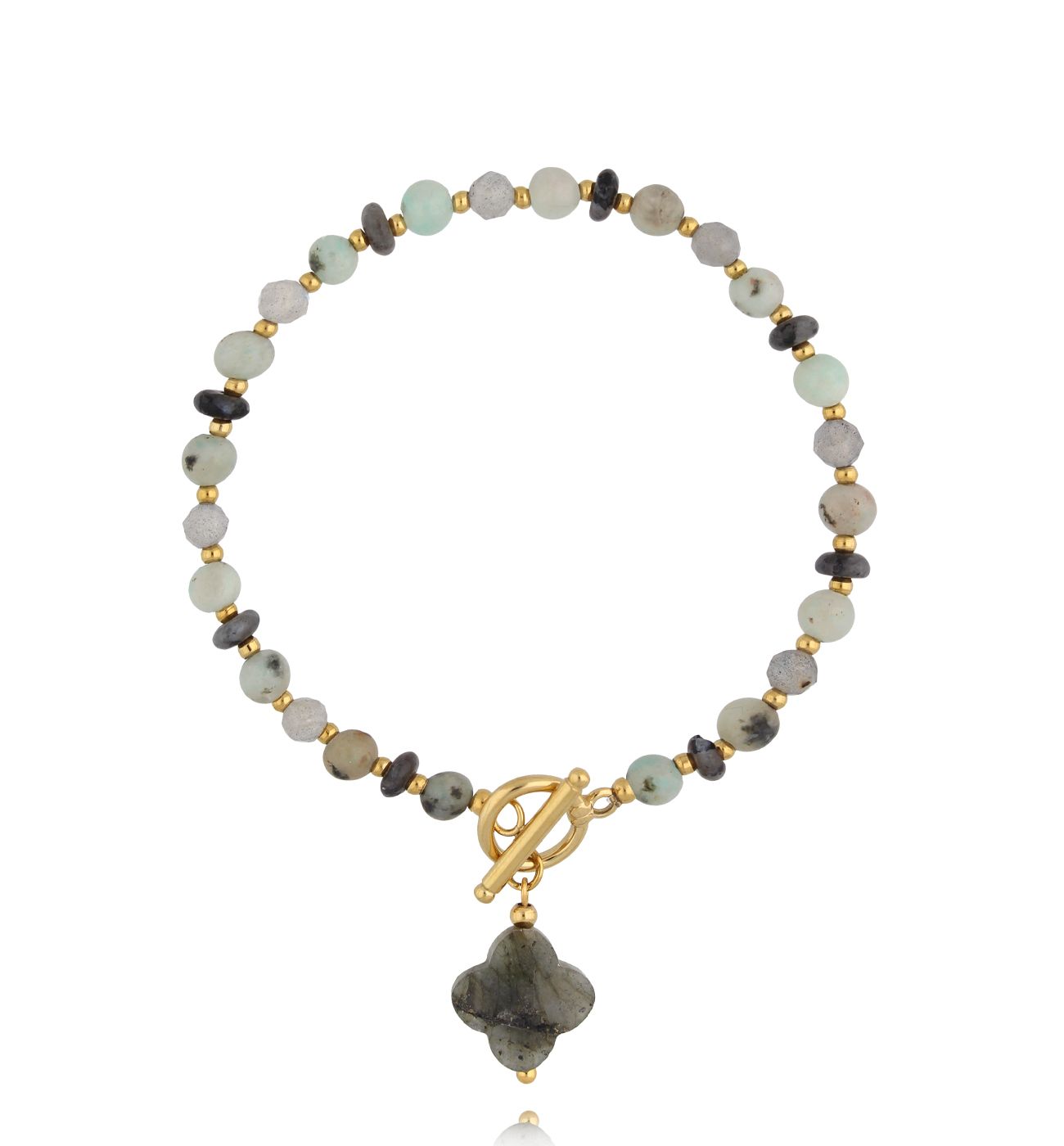 Bransoletka z labradorytami z koniczynką i złotym zapięciem BPA0644