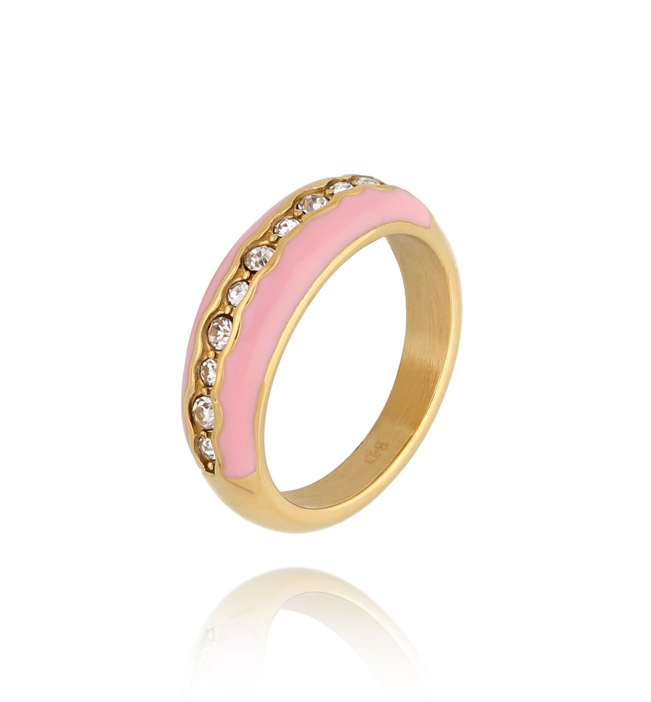 Pierścionek z cyrkoniami i różową emalią szeroki Mori PSA0643