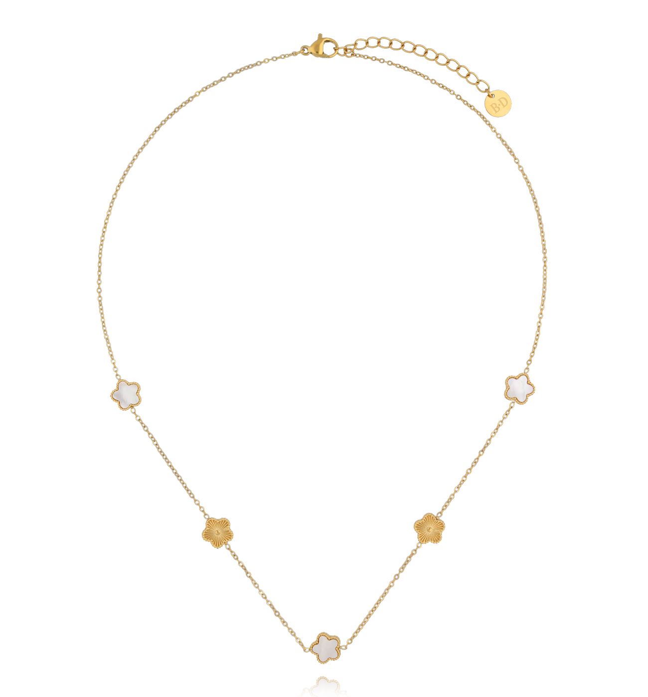 Naszyjnik z koniczynkami i kwiatowymi detalami na złotym łańcuszku NSY0883 - By Dziubeka